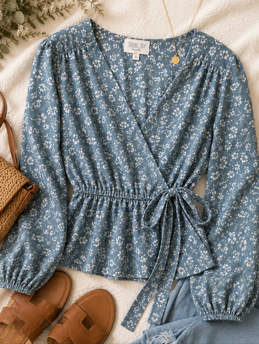 Sienna Sky Blue Green Floral Wrap Peplum Blouse L 19ptp